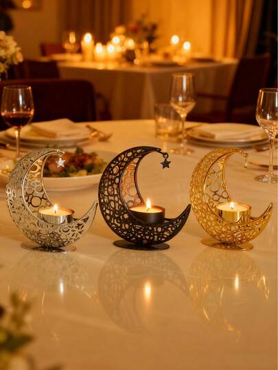 Moon Candle Holder With Star Pendant, Metal Tea Light Candle Stand, Holiday Decor Tabletop Ornament, Suitable For Home Decor, Middle Eastern Festival Party Decoration, Crescent Moon Themed Party Decoration