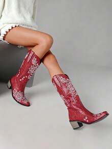 Women's Western Cowgirl Boots Red Faux Leather Pointed Toe Knee High Floral Embroidery Low Heel Rodeo Style For Concerts Festival Outfits 2025 - Đỏ - Xem 6