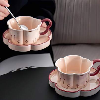 French Elegant Floral Ceramic Cup & Saucer Gift Set, Curved Design, Coffee Cup & Saucer, Breakfast Cup & Saucer, Tea Cup, Snack Plate, Afternoon Tea Cup & Saucer, Suitable For Daily Use, Home, Restaurant, Afternoon Tea, Office, Ideal As Gift, Holiday Gift