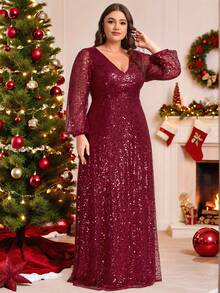 EVERPRETTY Plus Size Women Elegant Lantern Sleeve Sequin Deep V Formal Evening Dress - Burgundy - View 9