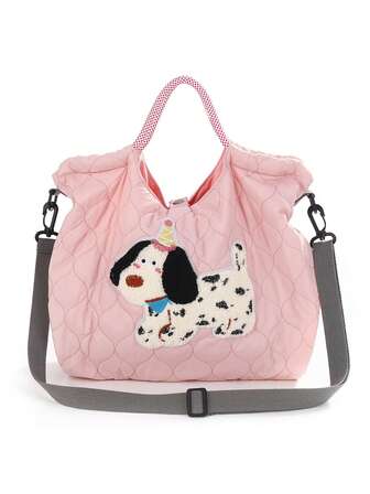 1pc Casual Versatile Towel Embroidered Cute Dog Pattern Foldable Large Capacity Tote Bag, Suitable For Party, Travel, Shopping And Beach