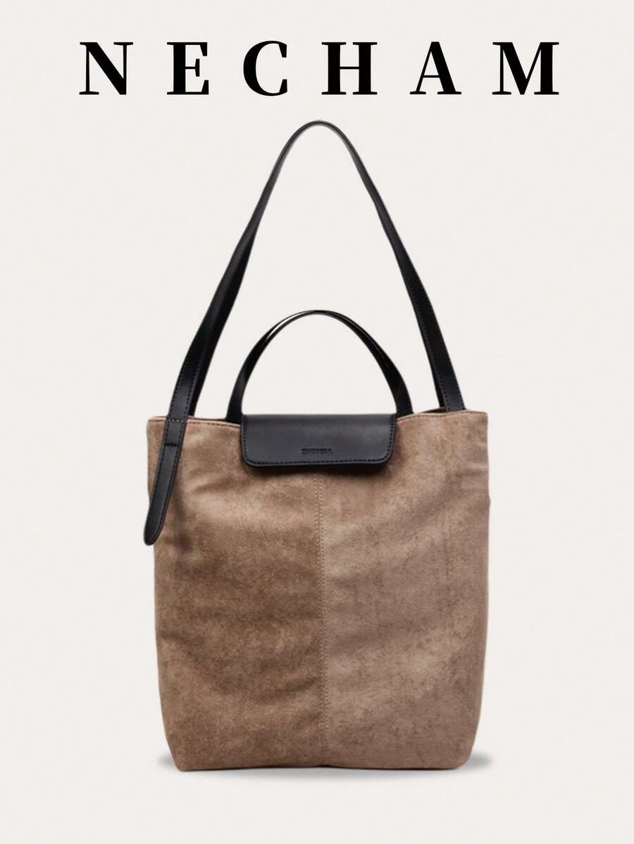 1 Pc, Contrast Color Suede Texture Women's Shoulder Handbag, Retro Casual Large Capacity Handbag, Magnetic Buckle Zipper Closure, Suitable For Travel, Shopping