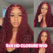 ownvmor 99j Burgundy Lace Front Wigs Human Hair 20 Inch Deep Wave Lace Front Wigs Human Hair Pre Plucked Red Curly Human Hair Wig 5x5 HD Colored Frontal Wet And Wavy Loose Deep Wave - 酒紅色 - 查看 5