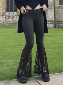 بنطلون نسائي صيفي بقصة ضيقة وتفاصيل من الدانتيل، بخصر متوسط، بنطلون طويل كاجوال للنساء