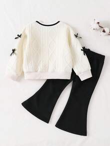 2pcs Baby Girls Casual Fashion Cute Bow Decor Long Sleeve Striped Splice Top And Flare Pants Set, Baby Girl Clothes, Autumn/Winter