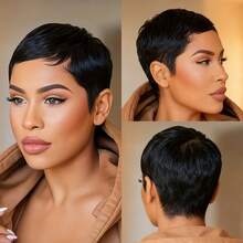 Stylish Layered Short Pixie Cut Wig Human Hair Remy Peruvian Human Hair Wig Rose Net Full Machine Made Natural Black Colored Wig Human Hair  Holiday Wear Party Wear Music Festival Mother's Day Carnival Valentine's Day Halloween All Saints' Day Christmas Day Cosplay Spring Summer Autumn Winter Local Warehouse Wear And GO New Product Discounts Wigs For Black Women Casual Elegant Preppy Business Modest Romantic Glamorous Vintage Street Sporty Cute Royal Simple Vacation Daily Holiday - Natural Black - 查看 6