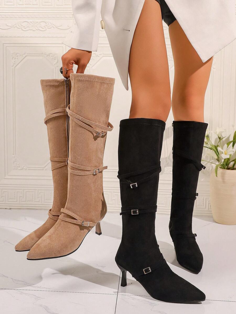 女士黑色过膝高跟靴，朋克哥特风尖头机车性感派对搭扣装饰拉链黑色靴子，冬季，猫跟 - 黑色 - 查看 1