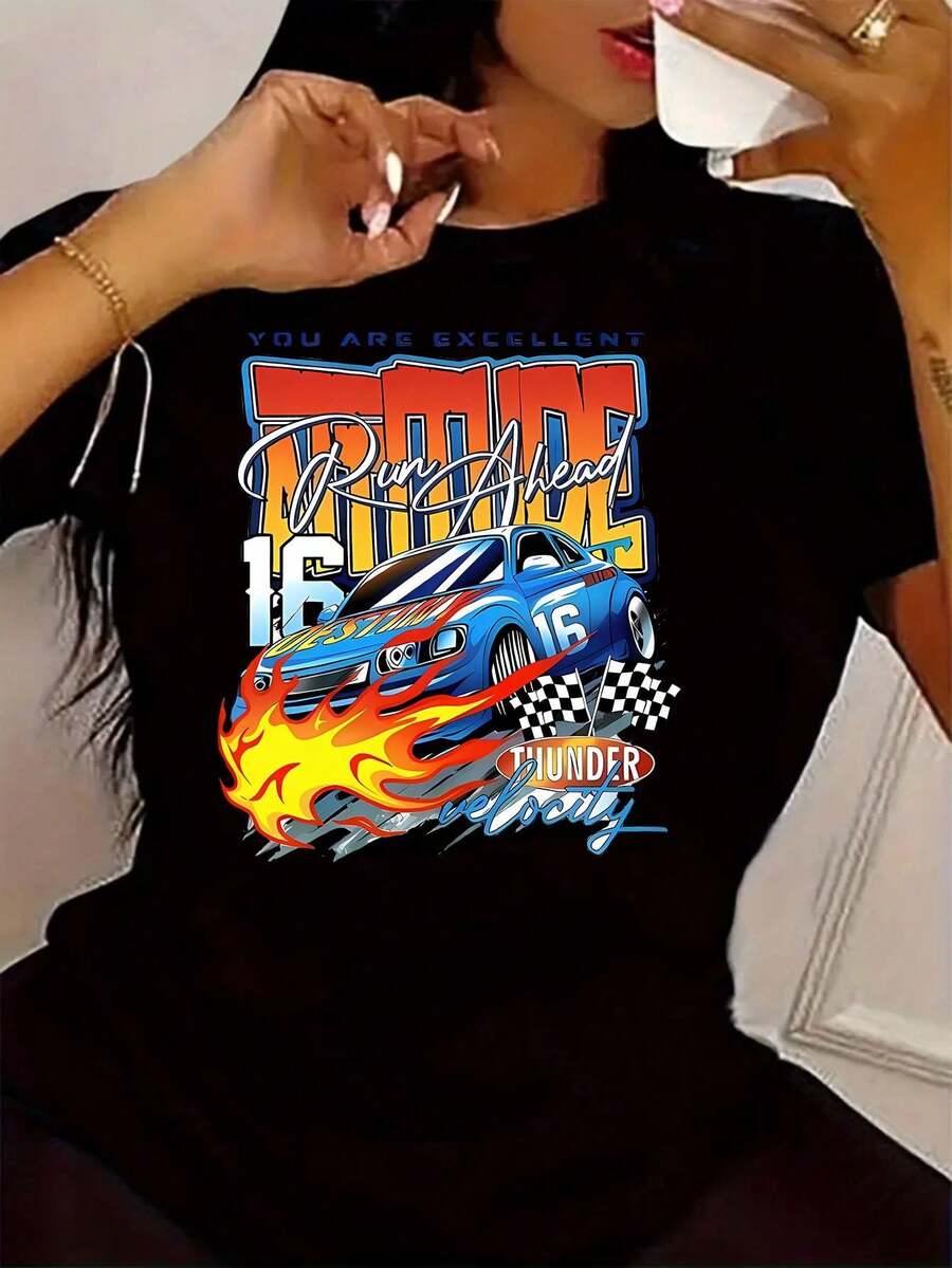 Camiseta de algodón puro para damas con tema de carreras Run Ahead 16 con impresión de coche adornado con llamas. Ideal para eventos de carreras al aire libre en verano y ropa casual.