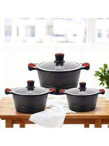 6pcs Aluminum Alloy Cookware Set - Marble Non-Stick Coating, Compatible With All Stoves - Black - View 3