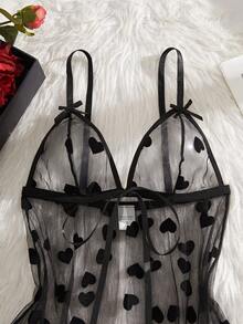 2pcs Women's Sexy Floral Mesh Robe Set, Front Tie Bow Decor Lingerie Set - Black - View 5