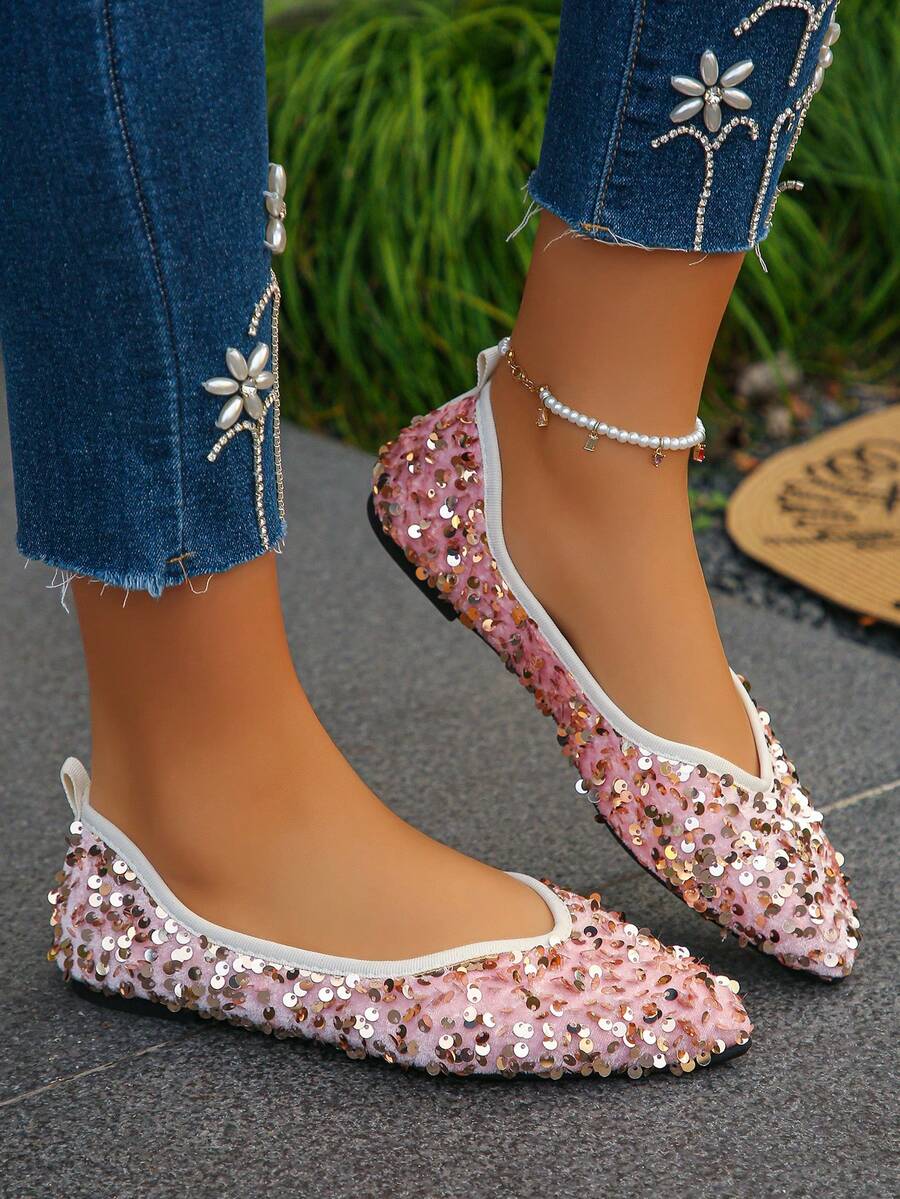 Talla grande Talla UE 35-45 Zapatos planos con punta puntiaguda elegantes y de moda nueva para primavera/otoño, versátiles y cómodos zapatos planos con punta puntiaguda con lentejuelas para uso diario con vestidos - Fundación-Lentejuelas Doradas - Ver 1