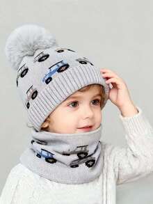 2pcsBoys' Winter Warm Hat And Scarf Set With Truck And Car Winter Adventure Patterns - Thick Knit Balaklava Hat And Brimless Beanie, Elastic For Outdoor Play, Comfortable Cold Weather Clothing, Perfect Christmas And Thanksgiving Outfit - Multicolor - View 1