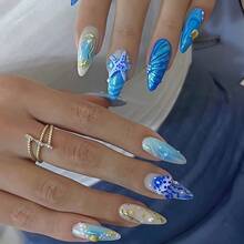 24PCS 3D Rhinestone Embossed Long Pointed Nail Tips - Euro-American  Minimalist Press On Nails, Wearable Removable Reusable Acrylic Fake Nails (High-Quality Acrylic Resists Scratches), Chic Fashion Nail Art With Sleek Polished Design, Glitter Crystal Accent (Bright Shine That Lasts), Daily Wear & Party Ready Stylish Manicure For Women, Ready-To-Use Without Extra Prep, Comfortable Fit For Extended Wear - 藍色 - 查看 2