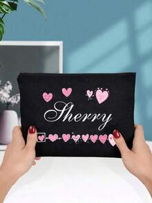 Bolsa de maquillaje lavable con patrón de corazón e impresión de nombre personalizada, bolsa de aseo portátil con diseño de corazón lindo, bolsa de maquillaje conveniente para mujeres, organizador de viaje con cremallera para cosméticos - Multicolor - Ver 6