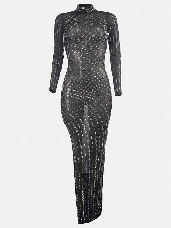 Heat-Melting Rhinestone Detail Split Thigh Sheer Dress