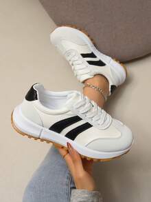 1 Pair Women's Flat Lace-Up Color Block Patchwork PU Leather & Mesh Splice Casual Sneakers, Outdoor All Season, Standard Size, Flat Gump Shoes