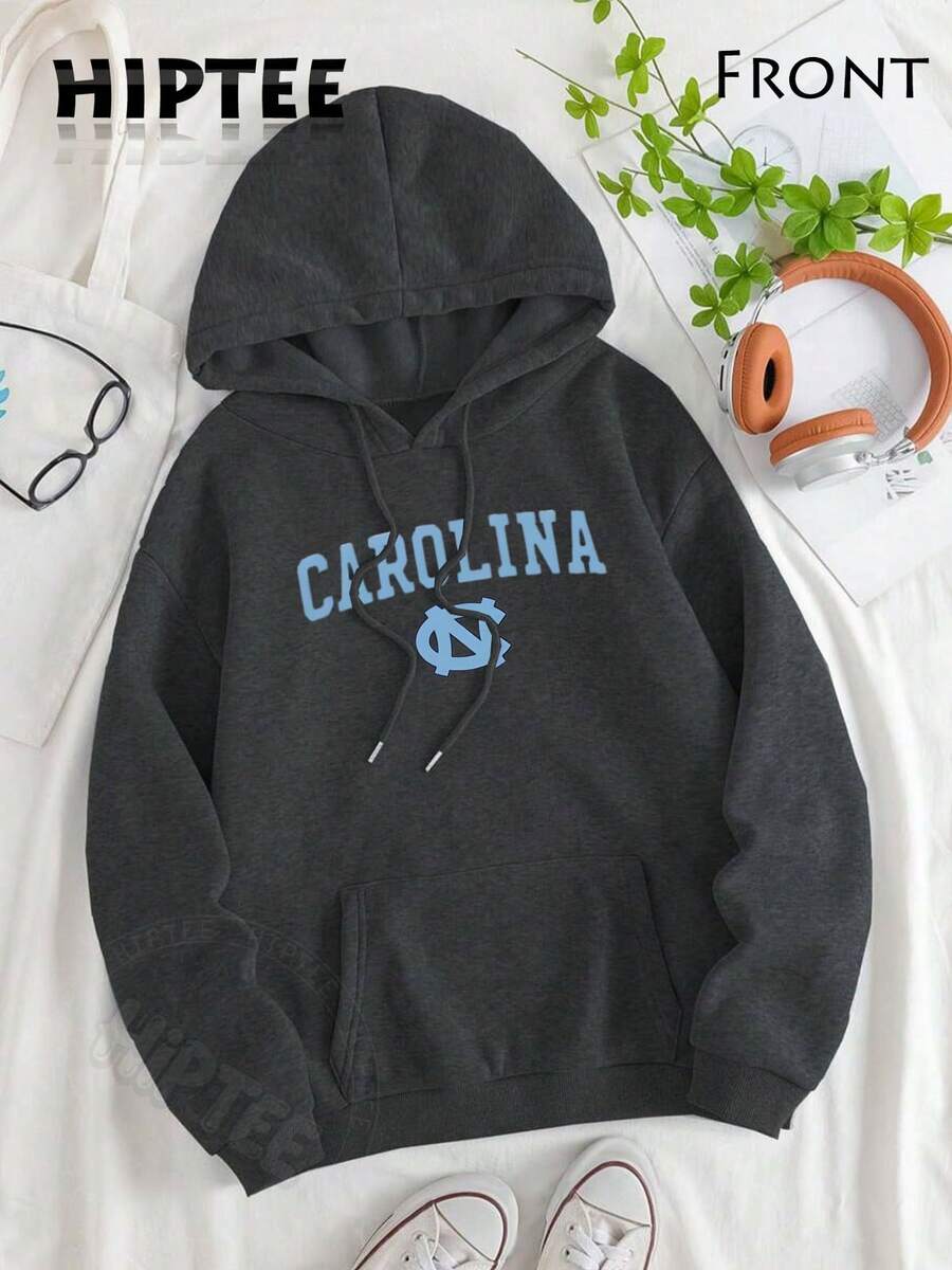 [Cotton Blend Hoodie] Vintage North Carolina Hooded Sweatshirt, Cozy Fall & Winter Style Long Sleeve Top, Retro Sportwear, Casual Logo Shirt-Unisex Women & Men's Daily Wear - 深灰色 - 查看 1