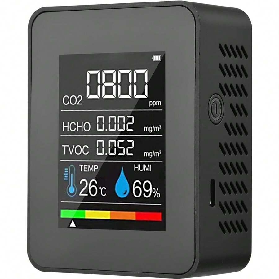 5 en 1 Monitor de calidad del aire interior,temperatura del detector de calidad del aire,medidor de co2,HCHO TVOC Calidad del Aire Medidor,para Viajes Hogar y Sala de Cultivo - Negro - Ver 1