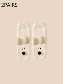 1/2/3双装冬季蓬松保暖袜，防寒加厚，可爱卡通小狗图案，舒适中筒袜，居家地板袜，带保暖内衬