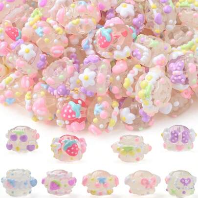 10pcs Y2K Style Glow-In-The-Dark Beads - Transparent Base Hand-Painted Cream Resin Beads With Grape/Strawberry/Cherry Patterns, DIY Bracelets, Necklaces, Keychains, Phone Straps, Bag Chains, Craft Gifts