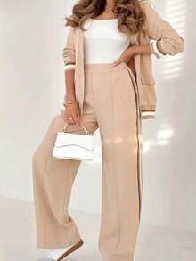 New Women's Elegant And Casual Two-Piece Suit Set, Featuring A Long-Sleeved Lapel Blazer And Side-Striped Wide-Leg Trousers. Machine Washable, Suitable For Office Wear. - 卡其色 - 查看 2