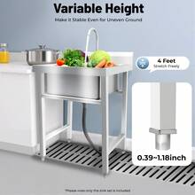 Freestanding Stainless Steel Sink With Adjustable Height, Large Capacity, 4.33" Drain, 360° Rotatable Faucet, Ideal For Kitchen, Laundry, And Commercial Use - Silver - View 5