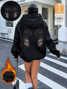 Women's Winter Wing Graphic Long Sleeved Drawstring Hoodie With Pocket ,Casual Loose And Versatile Holiday Style Tops,Fashionable Winter Women Clothes Suitable For Daily Wear - Black - View 5
