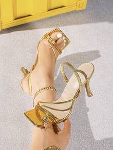 Sandale cu toc înalt stiletto aurii pentru femei, vârful pătrat, stil petrecere sexy, minimaliste, confortabile, cu toc înalt, măgulitoare și alungitoare