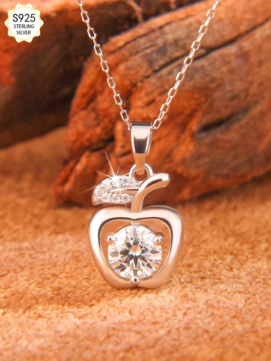 1pc S925 Sterling Silver Hollow Apple Pendant Necklace, Inlaid With 1 Carat D Color VVS1 Clarity Moissanite, Suitable As Gift For Daughter, Mother, Lover On Valentine's Day, Mother's Day, Christmas Eve, Christmas - Silver - View 1