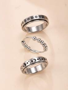 3pcs Fashionable Stainless Steel Rotatable Rings With Star & Moon/Silver Bead Design, Matching Daily Outfit Fidget Jewelry