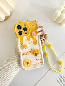 Wave Ripples Cartoon Handmade Sticker Accessories, Yellow Painted Cream Wavy Pattern Protective Case With Chain, Compatible With IPhone 17/17 Pro/17 Pro Max, 16/16 Pro Max, 15, 14, XR/7/8, 15 Pro Max, 13, 14, 11, Soft Case, P12, Anti-Drop, XS, Redmi - Multicolor - View 2