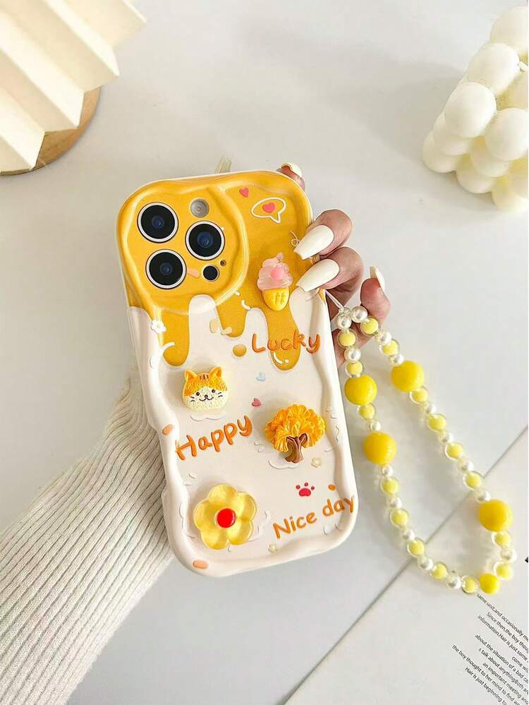 Wave Ripples Cartoon Handmade Sticker Accessories, Yellow Painted Cream Wavy Pattern Protective Case With Chain, Compatible With IPhone 17/17 Pro/17 Pro Max, 16/16 Pro Max, 15, 14, XR/7/8, 15 Pro Max, 13, 14, 11, Soft Case, P12, Anti-Drop, XS, Redmi - Multicolor - View 2