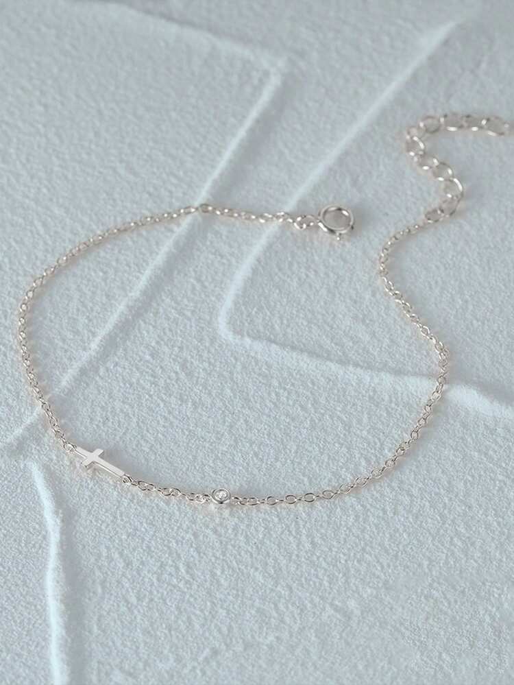 1 pieza Pulsera de plata de ley 925 con cruz clásica y circonita cúbica conectada para mujer, para uso diario, fiestas y cumpleaños - Plateado - Añade 9