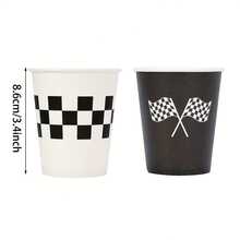 10/20/40 pezzi Bicchieri di carta usa e getta da 9 once per festa a tema auto da corsa - Disegno a scacchi bianco e nero della bandiera a scacchi, decorazioni per feste di compleanno a tema auto da corsa