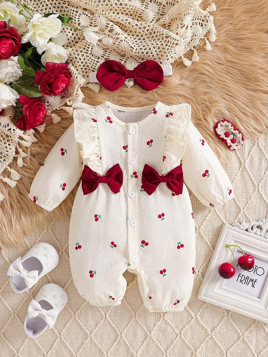 Newborn Baby Girls Cute Cartoon Cherry Woven Round Neck Button Ruffle Contrast Bow Long Sleeve Jumpsuit With Headband