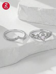 2pcs/Set Elegant Crown & Cubic Zirconia Copper Plated Ring Set, Perfect Valentine's Day Gift For Women - Silver - View 2