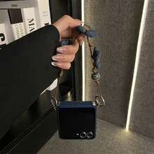 奢华 Y2K 草编图案深蓝色手机壳,牛仔布花朵手链设计,兼容三星 Galaxy ZFlip7、Z Flip6、ZFlip 5 后盖 - 寶藍色 - 查看 7