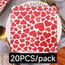 20/40Pcs Valentine's Day Red Heart Printed Napkins – Romantic Disposable Paper Napkins For Wedding, Dinner Party, Valentine's Celebration, Dessert Table Decor, Elegant Tableware For Romantic Occasions Valentine's Day Red Heart Napkins