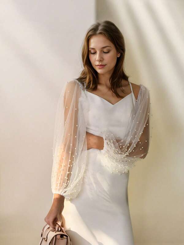 1 Pair Long Pearl Sleeve Sheer Mesh Beaded Detachable Bridal Sleeves, Elegant For Parties, Weddings, Family Gatherings, Business Events