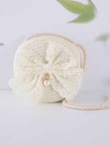 1 pezzo Mini borsa a tracolla per bambine in materiale di paglia con fiocco in rete, chiusura con cerniera, tracolla in corda di cotone, adatta per spiaggia e uso quotidiano, borsa portamonete casual