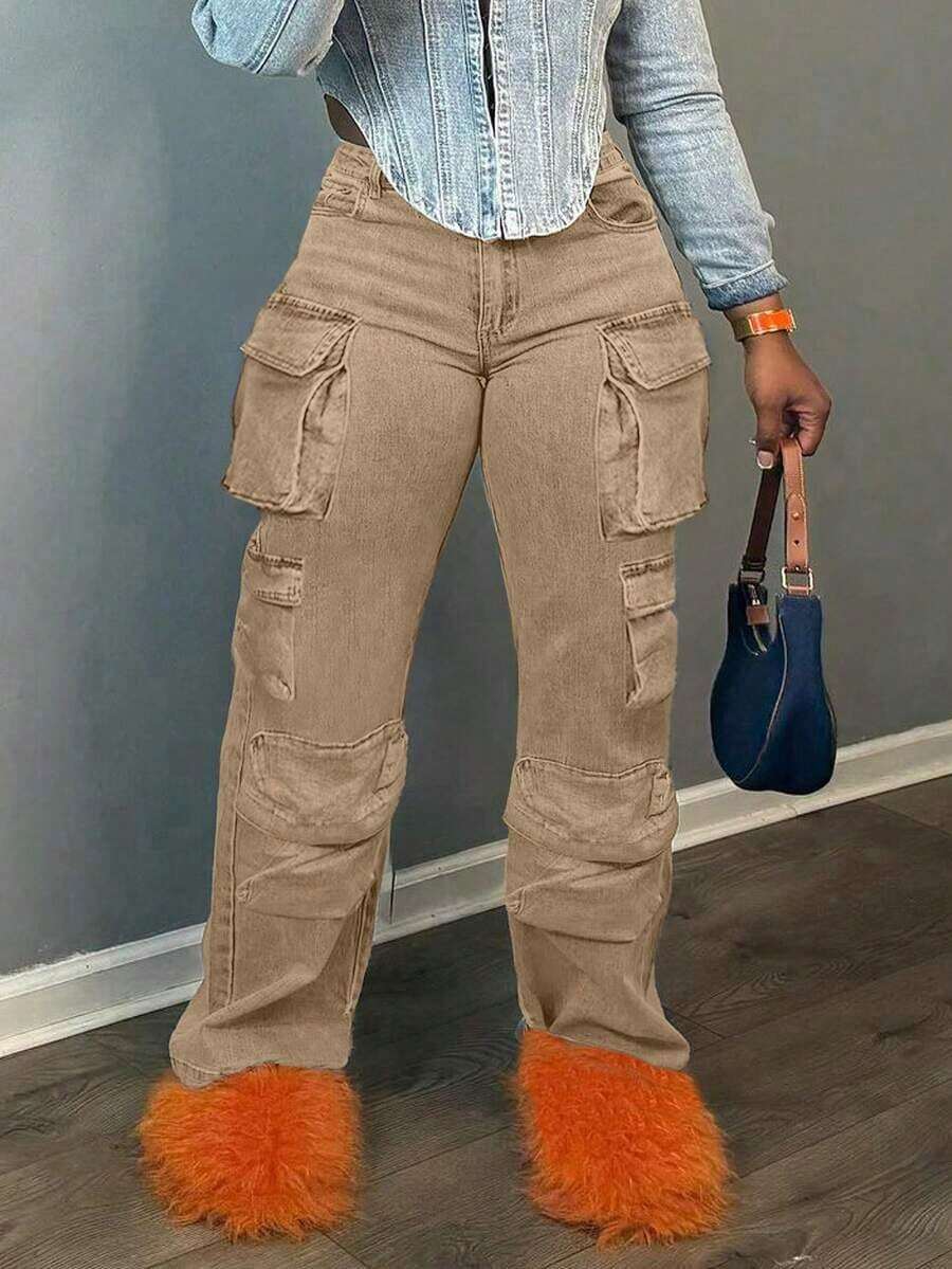 Women's Fashionable Casual Straight Leg Workwear Jeans, Workwear Pants, Workwear Winter Pants, Multi Pocket Storage, Suitable For Parties, Birthday Parties, Nightclubs, Nightclubs, Concerts, Press Conferences, Music Festivals, Electronic Music Festivals, Etc - Màu be - Xem 1