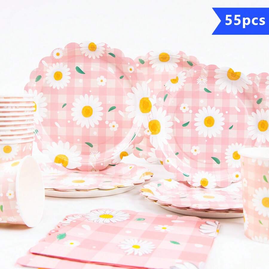 Set de tacâmuri de unică folosință în formă de floare de margaretă, 10 buc, inclusiv farfurii, șervețele și pahare, potrivit pentru 10 invitați, farfurii de hârtie de unică folosință, articole de petrecere pentru ziua de naștere, nuntă, petrecere, picnic în familie - Multicolor - Vizualizare 1