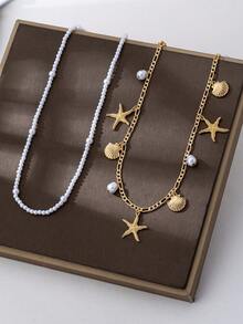 2pcs Bohemian Style Ocean Series Shell & Starfish Beaded Waist Chain For Women - Yellow Gold - View 2
