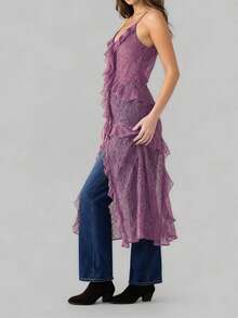 Women Split Front Sheer Flowy Long Cami Shirt Tank Top Sleeveless Spaghetti Strap Maxi Dress See Thru Beach Coverup - 粉色 - 查看 2