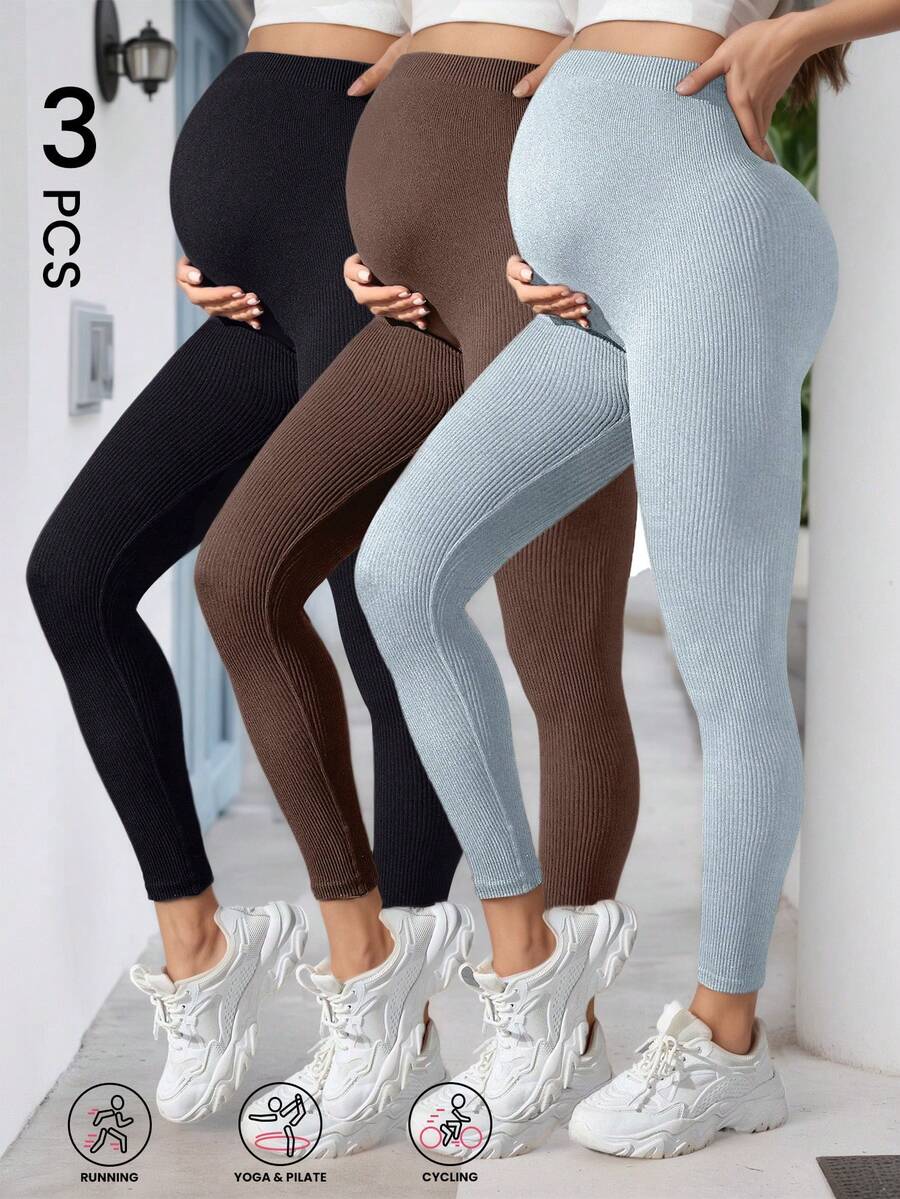3pcs Maternity Casual Leggings Set, Suitable For Autumn, Winter And Spring Outdoor Wear - Coffee - View 1