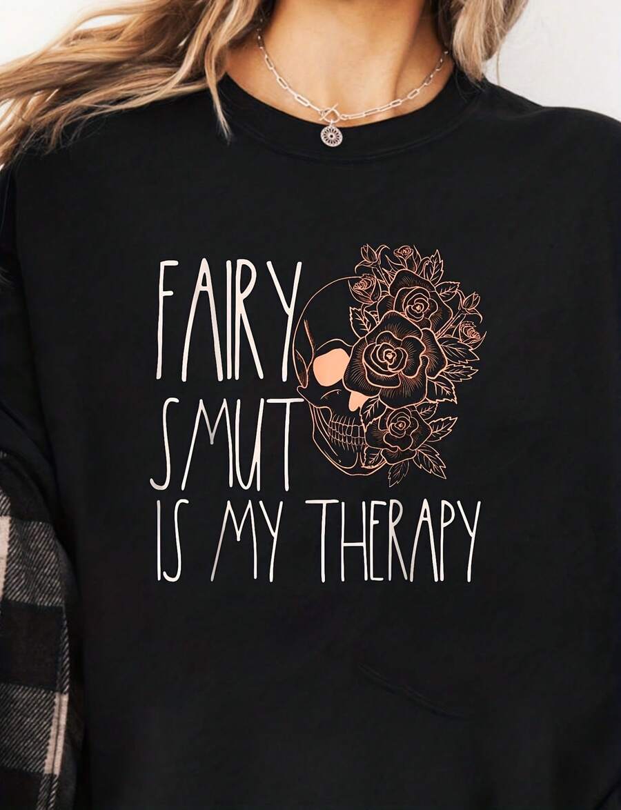 Romantasy Books Fairy Ut Therapy Spicy Book F Tales T-Shirt220G Heavyweight 100% Cotton T-Shirt. With Butterfly Print Pattern, Suitable For Girls And Wo's Short Sved Round Neck Inspirational Shirt, Cute Aesthetic Y2K Style Summer Top, Suitable For Outdoor, Family, Work Or Street Wear Casual Loose Daily T-Shirt - 黑色 - 查看 1
