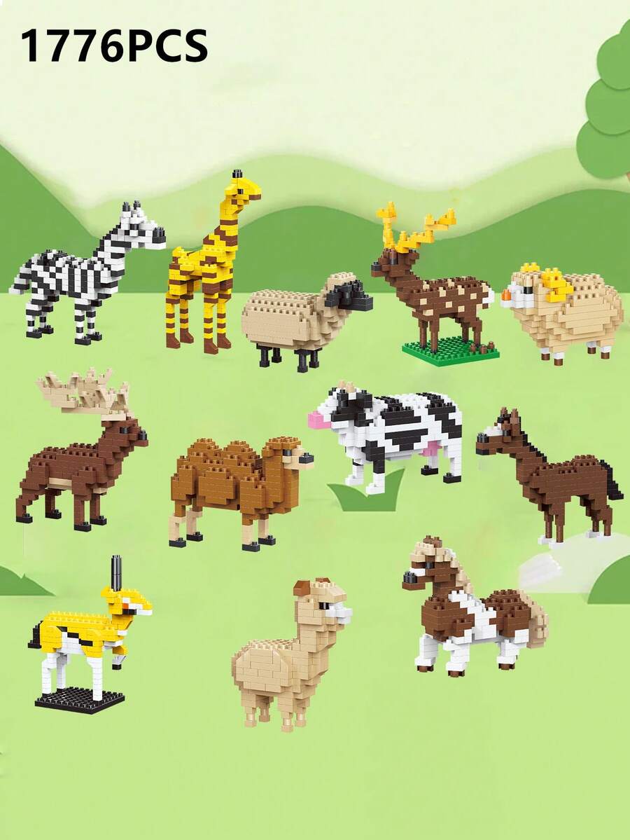 1776pcs Funny Cartoon Animal Building Blocks Set, Giraffe/Zebra/Deer/Antelope/Camel/Cow/Alpaca, Creative Educational DIY Model, Mini Assembly Blocks, Home Decor, Desk Ornament, Halloween/Christmas/Birthday Gift - Multicolor - View 1