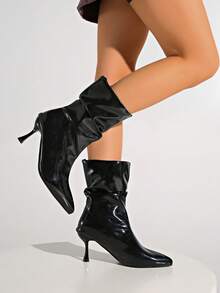 Bottes hautes à fermeture éclair latérale de style occidental, bout pointu, talon compensé pour femmes. Bottes hautes à talons hauts, bottes mi-mollet slim, automne/hiver 2025, talons hauts aiguille - Noir - Voir 3