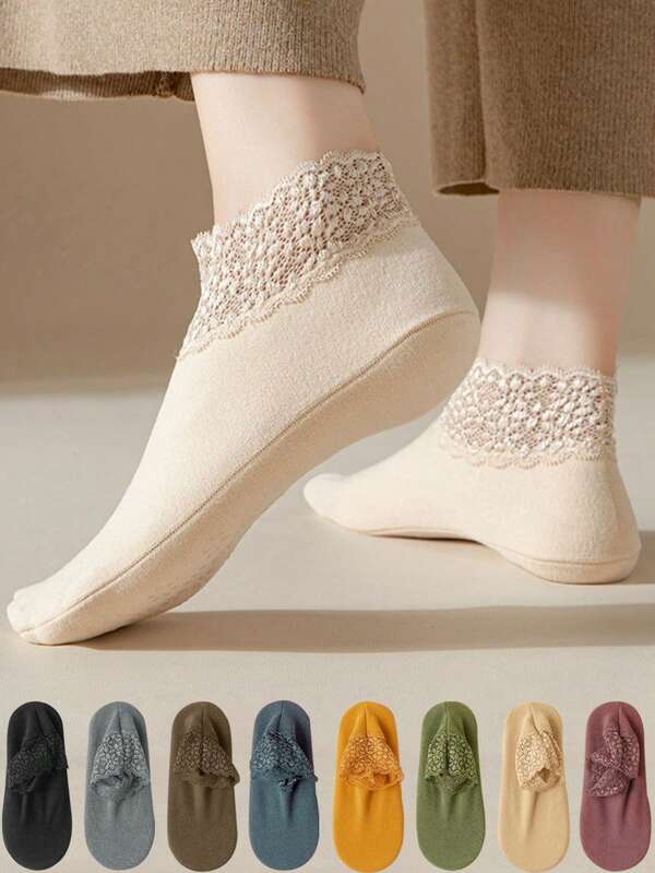 2 Pairs Fashion Velvet Floor Socks Lace Women's Elegant Solid Color Silicone Non-Slip Mid-Tube Socks Autumn And Winter Super Soft And Thick Warm Socks