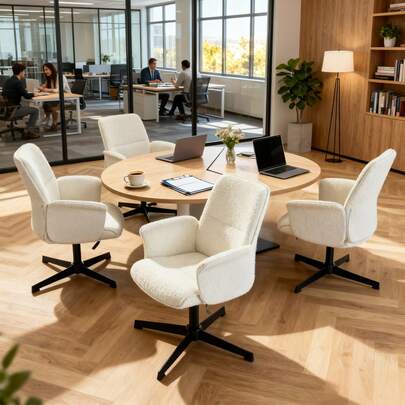 Meubles Cosy Zestaw 4 nowoczesnych białych krzeseł biurowych ze skóry pętelkowej z giętym drewnianym stelażem, regulowana wysokość, obrotowy 360°, wyściełane podłokietniki, styl nordycki, do domu lub biura, 62,5 x 59,5 x 81-93 cm
